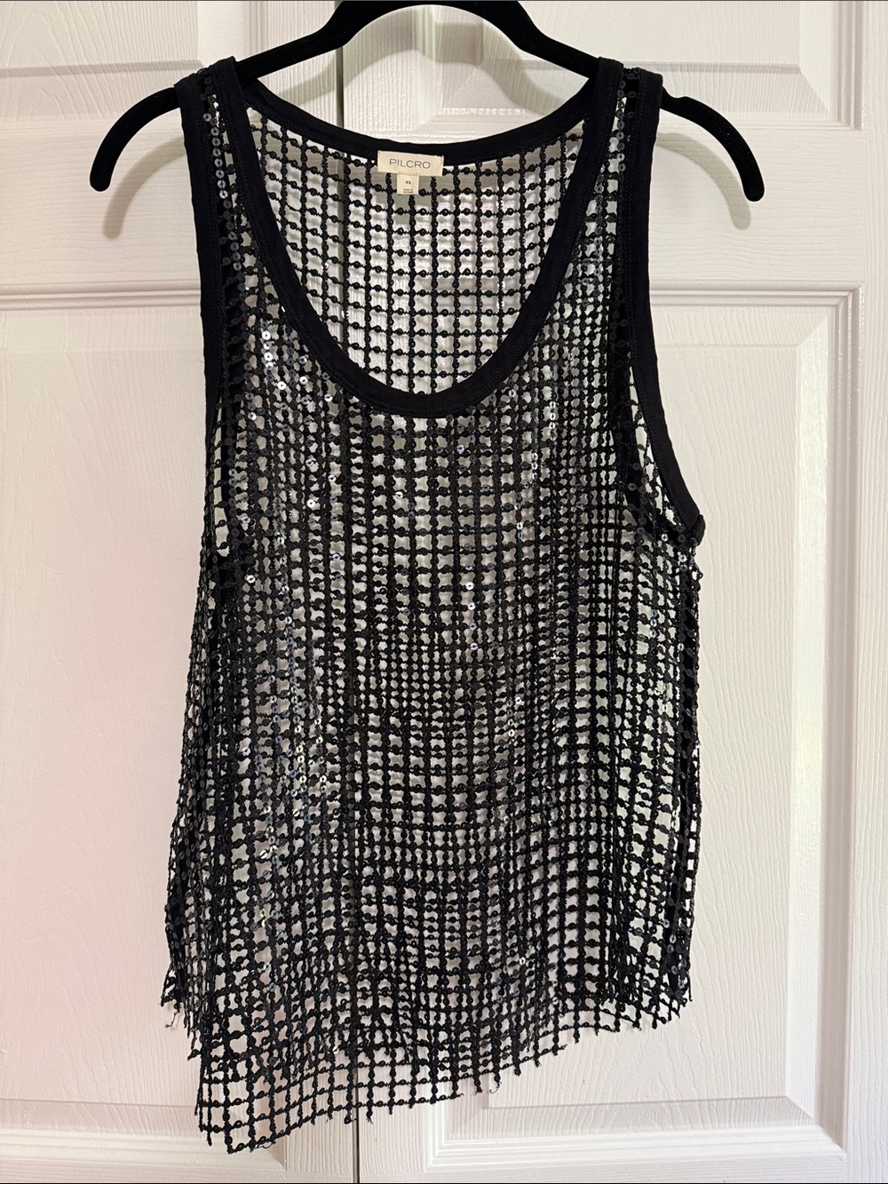 Pilcro Black Sequin Grid Mesh Tank